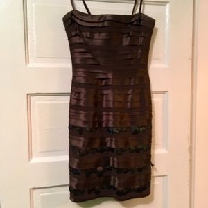 BCBGMaxAzria Tiered Satin Feather Strapless Dress